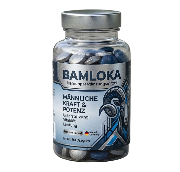 Bamloka Produktverpackung in Dunkelblau mit silbernem Verschluss und blauem Etikett